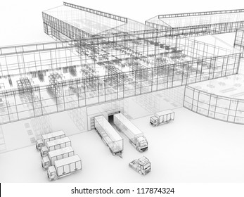 Architecture Drawing Style Visualization Of Plant With Offices And Cargo Service