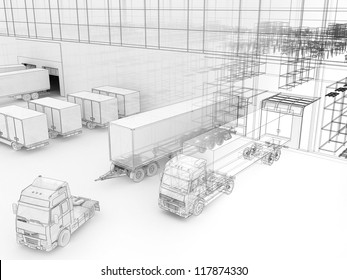 Architecture Drawing Style Visualization Of Plant With Offices And Cargo Service