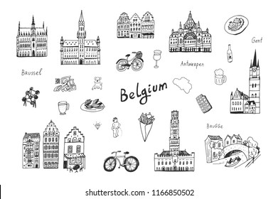 Architecture And Icons With Symbols Of Belgium, Hand Drawn Doodle Illustrations Set