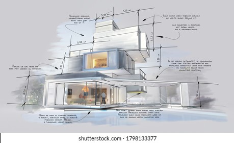 Architecture project showing different design phases, from rough sketch, construction specifications to realistic 3D rendering. The writing is dummy text with no translation.