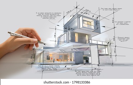 Architecture project showing different design phases, from handmade rough sketch, construction specifications to realistic 3D rendering. The writing is dummy text with no translation - Powered by Shutterstock