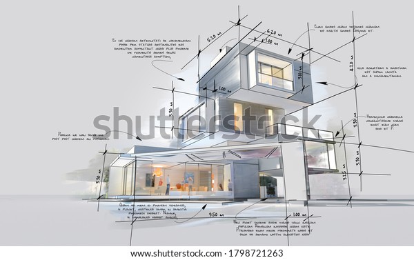 Architecture project\
showing different design phases, from rough sketch, construction\
specifications to realistic 3D rendering. The writing is dummy text\
with no\
translation.