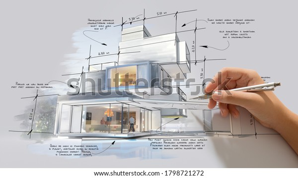 Architecture\
project showing different design phases, from handmade rough\
sketch, construction specifications to realistic 3D rendering. The\
writing is dummy text with no\
translation.