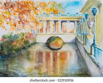 Architecture reflecting in canal water.Lazienki park, Warsaw, Poland.Picture created with watercolors.