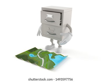Archive character looking at map isolated on white background. 3d illustration