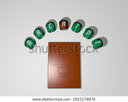 archive icon surrounded by the text of individual letters, 3D illustration