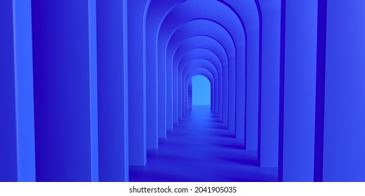 Archway Abstract Blue Architecture. Gates Corridor Inside Building. 3d Rendering