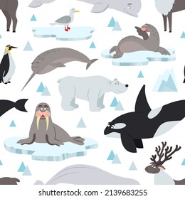 Arctic Animals Pattern. Children Animal Antarctic Print, North Polar Wildlife Background. Nordic Ocean Whale, Seal On Ice Decent Seamless Texture