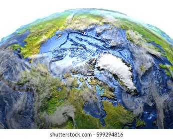 Arctic Ocean On 3D Model Of Earth. 3D Illustration With Plastic Planet Surface And Ocean Floor. Elements Of This Image Furnished By NASA.