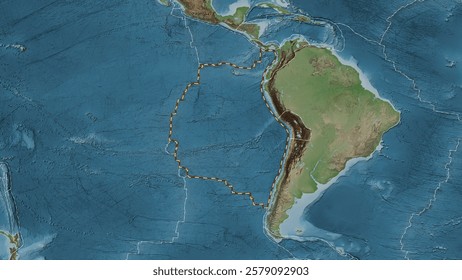 Area of the Nazca tectonic plate marked with a dashed line on a pale colored elevation map