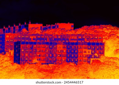 Area of Russian city of seventies of last century - Khruschev-era housing (self framing gable style) residential area, urban planning, urban landscaping. The Brezhnev Era. Thermal imager device.