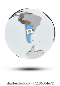 Argentina with flag on globe with shadow isolated on white background. 3D illustration.