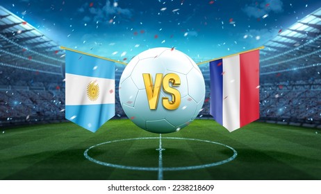 Argentina vs France. Soccer concept. White soccer ball with the flag in the stadium, 2022. 3d render
