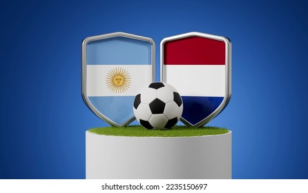 Argentina vs Netherlands soccer shields with football ball on a grass podium. 3D Rendering. 3D Illustration - Powered by Shutterstock