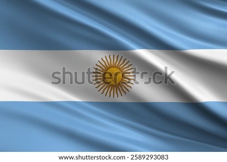 The Argentinian flag gracefully waves, its light blue and white stripes flowing, centered by a radiant sun emblem. A peaceful and nationalistic image.