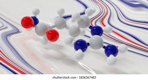 Arginine (L-arginine, Arg, R) amino acid molecule. 3D rendering. Ball and stick molecular model shown floating just above a liquid paint surface.