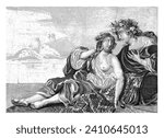 Ariadne comforted by Bacchus, Michiel Mosijn, after Jacob Adriaensz. Backer, 1640 - 1655 Bachus comes to get Ariadne from the island of Naxos.