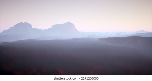 Arid rocky desolate landscape in mist. 3D render.