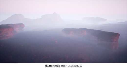 Arid rocky desolate landscape in mist. 3D render.