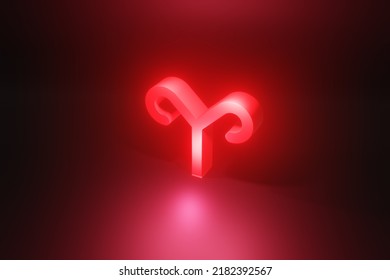 Aries red neon zodiac symbol, red neon glow horoscope sign 3D render