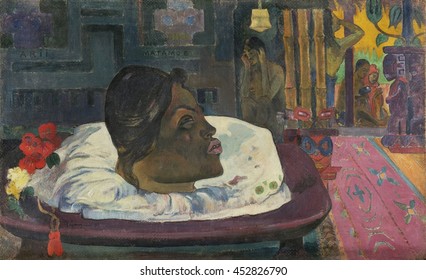 Arii Matambe (the Royal End), by Paul Gauguin, 1892, French Post-Impressionist painting, oil on canvas. This painting is a fanaticized scene of the decapitated human head of Tahitian King Pomare V, r