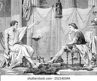Aristotle and his pupil Alexander the Great, engraving 1885