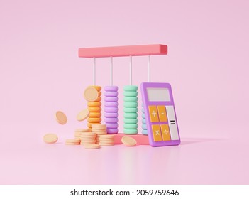 Arithmetic Game Learn Counting Number Finance Education Concept. Colorful Abacus With Coins And Calculator Cute Smooth On Pink Background. 3d Render Illustration