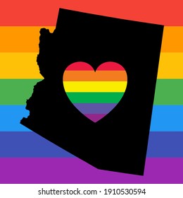 Arizona State Icon With Rainbow Pride Flag Background And Rainbow Heart.