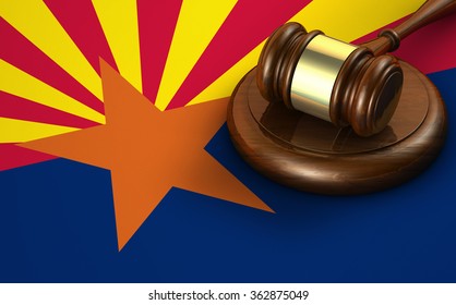 Arizona US State Law, Code, Legal System And Justice Concept With A 3d Render Of A Gavel On The Arizonan Flag On Background.