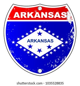 Arkansas Interstate Sign With Flag Cross Over A White Background