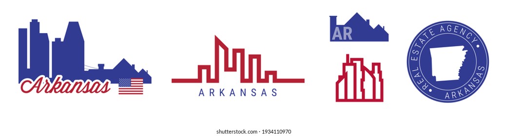 Arkansas real estate agency. US realty emblem icon set. Flat illustration. American flag colors. Big city and suburbs. Simple silhouette map in the round seal stamp.