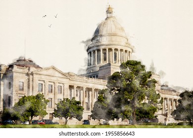 Arkansas State Capitol, the Capitol Building in Little Rock, Arkansas, USA. Aquarelle, watercolor illustration.                               