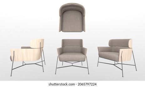 Arm Chair On White Background, Top View, Side, 3d Rendering