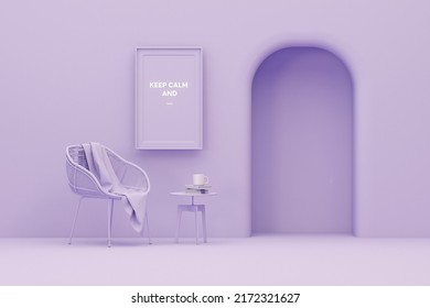 Armchair And Cafe, Book On Purple Background. Keep Calm And Poster Concept. 3D Rendering For Web Page, Audition, Presentation Or Picture Frame Backgrounds.