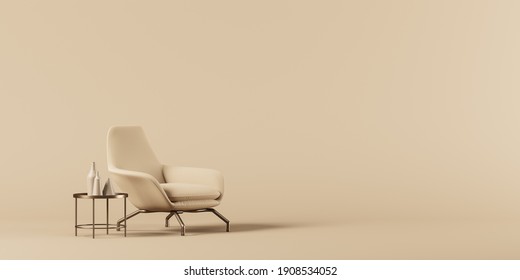 Armchair With Coffee Table On Champagne Color Background. Mock Up. 3d Rendering