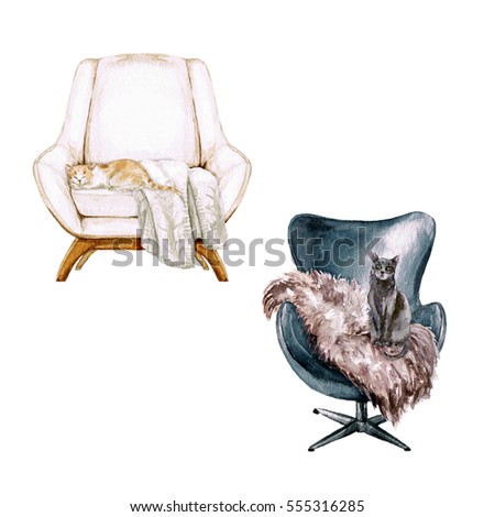 Armchair with throw and cat - Watercolor Illustration.