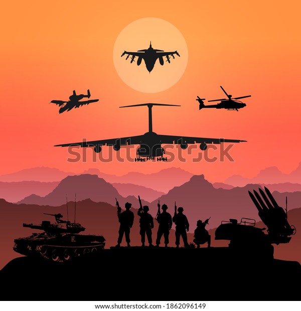 Armed forces with military vehicles, Fighter\
jets, Helicopter, Tank, Rocket Defense, Rocket launchers. Armed\
Forces Day. Commandos team unit. Special force crew. Army\
background, soldiers\
silhouettes.