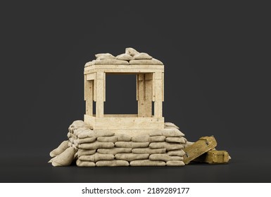 Armed Military Watchtower, Military Trench And Defensive Position, 3d Rendering, Nobody