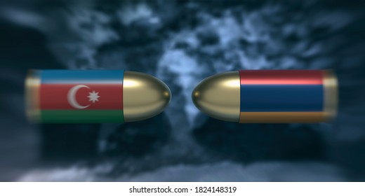 Armenia And Azerbaijan Crisis, Nagorno Karabakh Conflict Concept. Armenian And Azerbaijan Flag Bullets Against Dark Sky Background. 3d Illustration