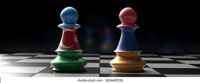 Armenia And Azerbaijan Crisis, Nagorno Karabakh Conflict Concept. Armenian And Azerbaijan Flag Chess Pawns On Chessboard, Dark Background. 3d Illustration