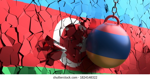 Armenia And Azerbaijan Relation Crisis, Nagorno Karabakh Conflict Concept. Armenian Flag Wrecking Ball Breaking Azerbaijan Flag Wall. 3d Illustration