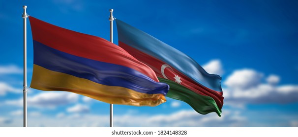 Armenia And Azerbaijan Relation Crisis, Nagorno Karabakh Conflict Concept. Armenian And Azerbaijan Flag Waving Against Blue Sky Background. 3d Illustration