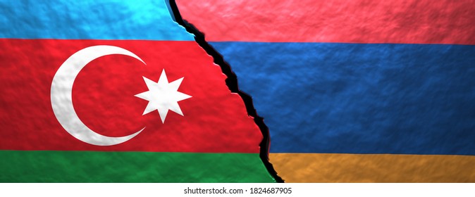 Armenia And Azerbaijan Relation Crisis, Nagorno Karabakh Conflict Concept. Azerbaijan And Armenian Flags On Cracked Wall Background. 3d Illustration