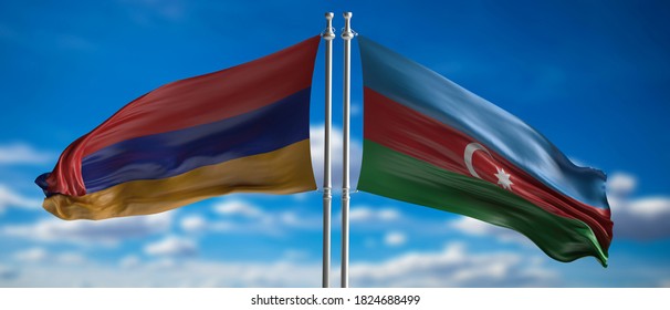 Armenia And Azerbaijan Relation Crisis, Nagorno Karabakh Conflict Concept. Armenian And Azerbaijan Flag Waving Opposed Against Blue Sky Background. 3d Illustration