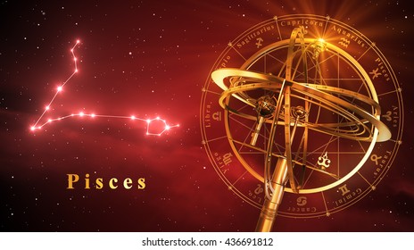 Armillary Sphere And Constellation Pisces Over Red Background. 3D Illustration.