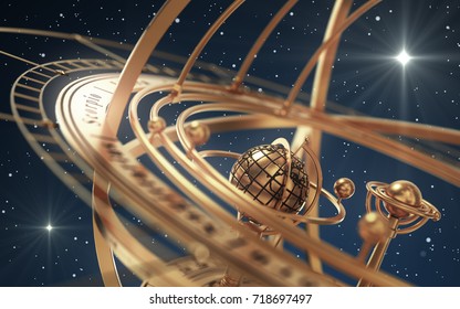 Armillary Sphere And Stars On Blue Background. 3D Illustration.