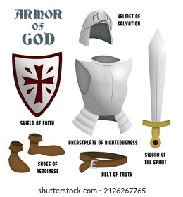 Armor of God with Helmet of Salvation, Breastplate of Righteousness, Belt of Truth, Shoes of Readiness, Sword of the Spirit and Shield of Faith from Ephesians 6:13-17 Bible verse.