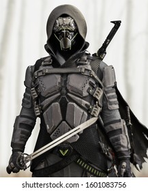Armored Futuristic hooded sci fi samurai . 3d rendering