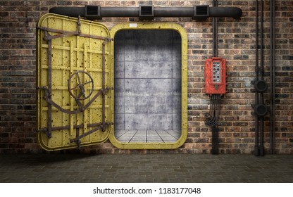 Armored Heavy Metal Door In Old Underground Bunker Room. 3d Rendering