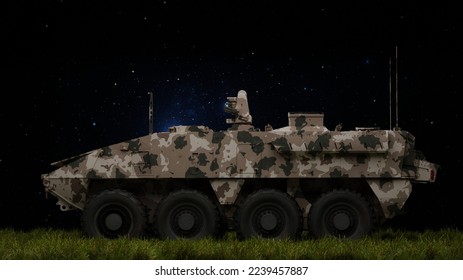 Armored personnel carrier infantry fighting vehicle, armored vehicle at night in the field, camouflage coloring of armored personnel carriers, battlefield. 3d render